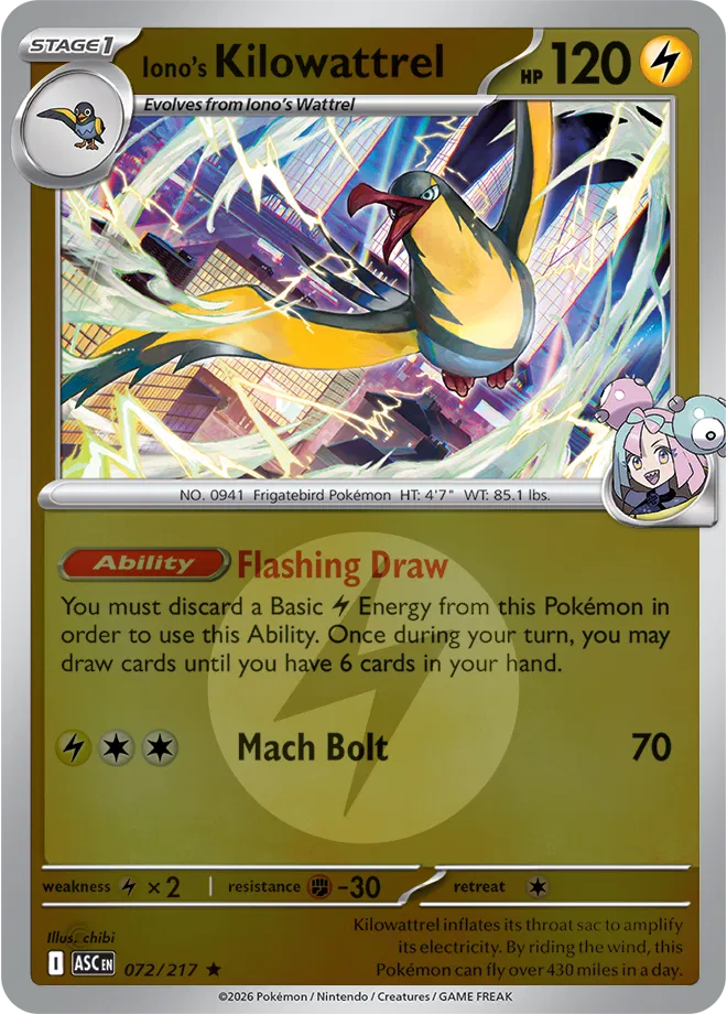 072/217 Iono's Kilowattrel - Energy Symbol Reverse Holo | Pokemon Ascended Heroes