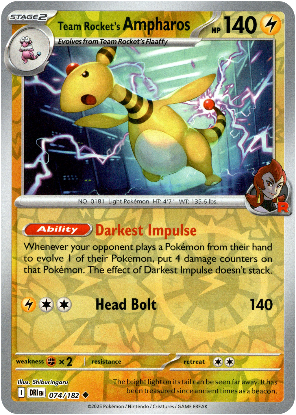 074/182 Team Rocket's Ampharos - Reverse Holo | Pokemon Scarlet & Violet—Destined Rivals